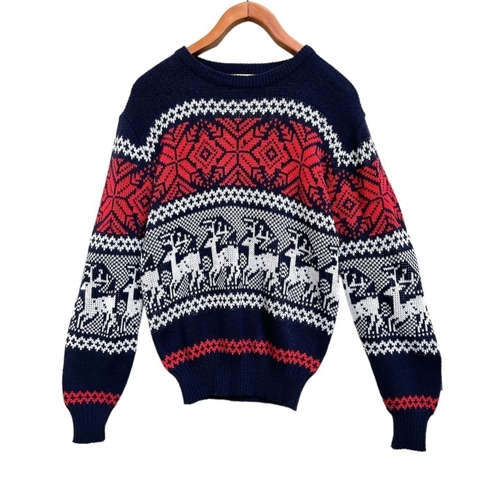 Vintage Fair Isle Nordic Unisex Reindeer Snowflake Christmas Sweater, Size M